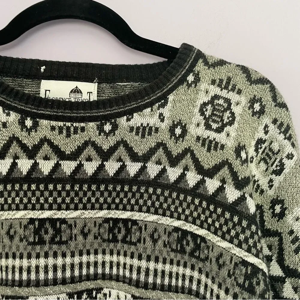 Florence Tricot Made in Italy Grandpa Crewneck Sweater Vintage Black and White